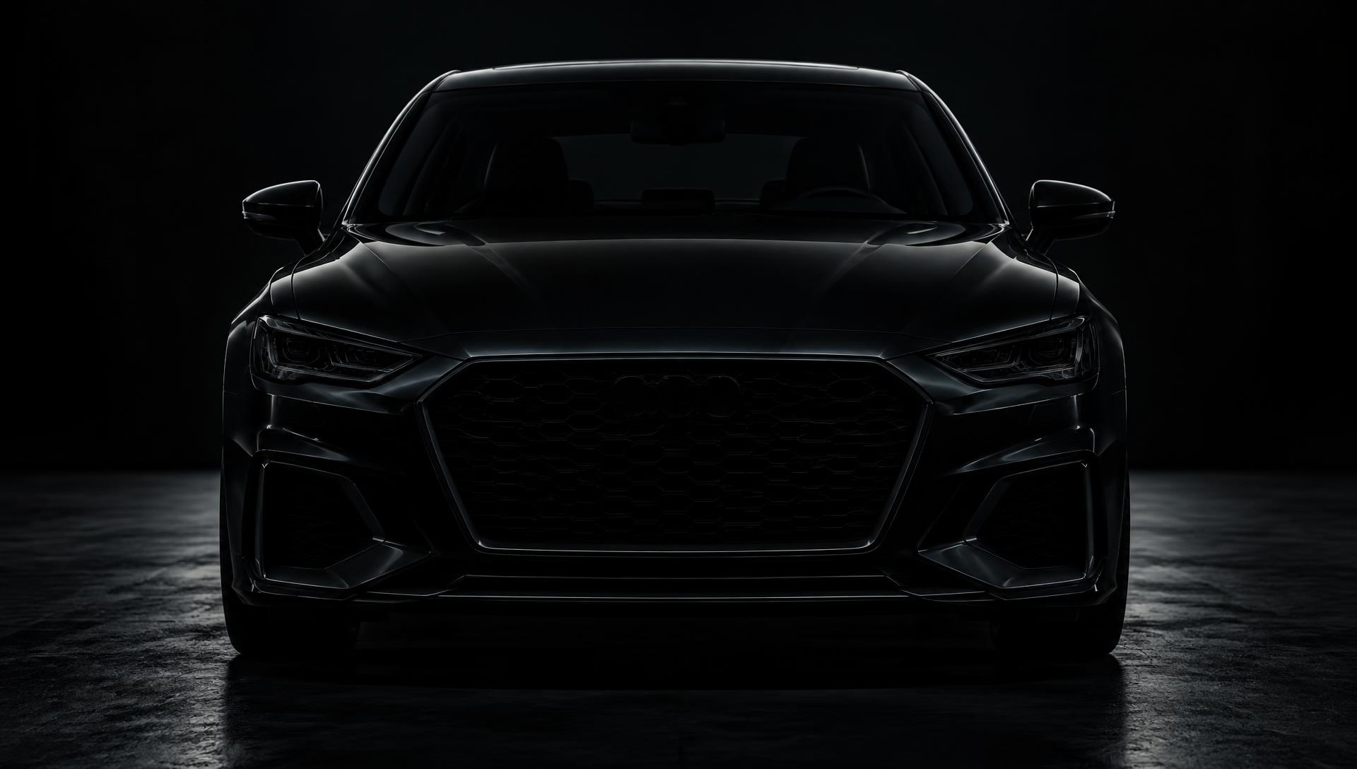 Front view of a modern car in a dark garage, headlights at the center